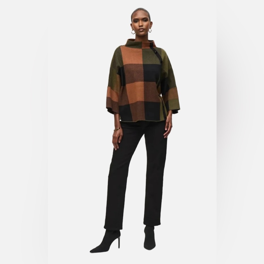 Joseph Ribkoff Plaid Jacquard Sweater Knit Top 16 Brown Black Green